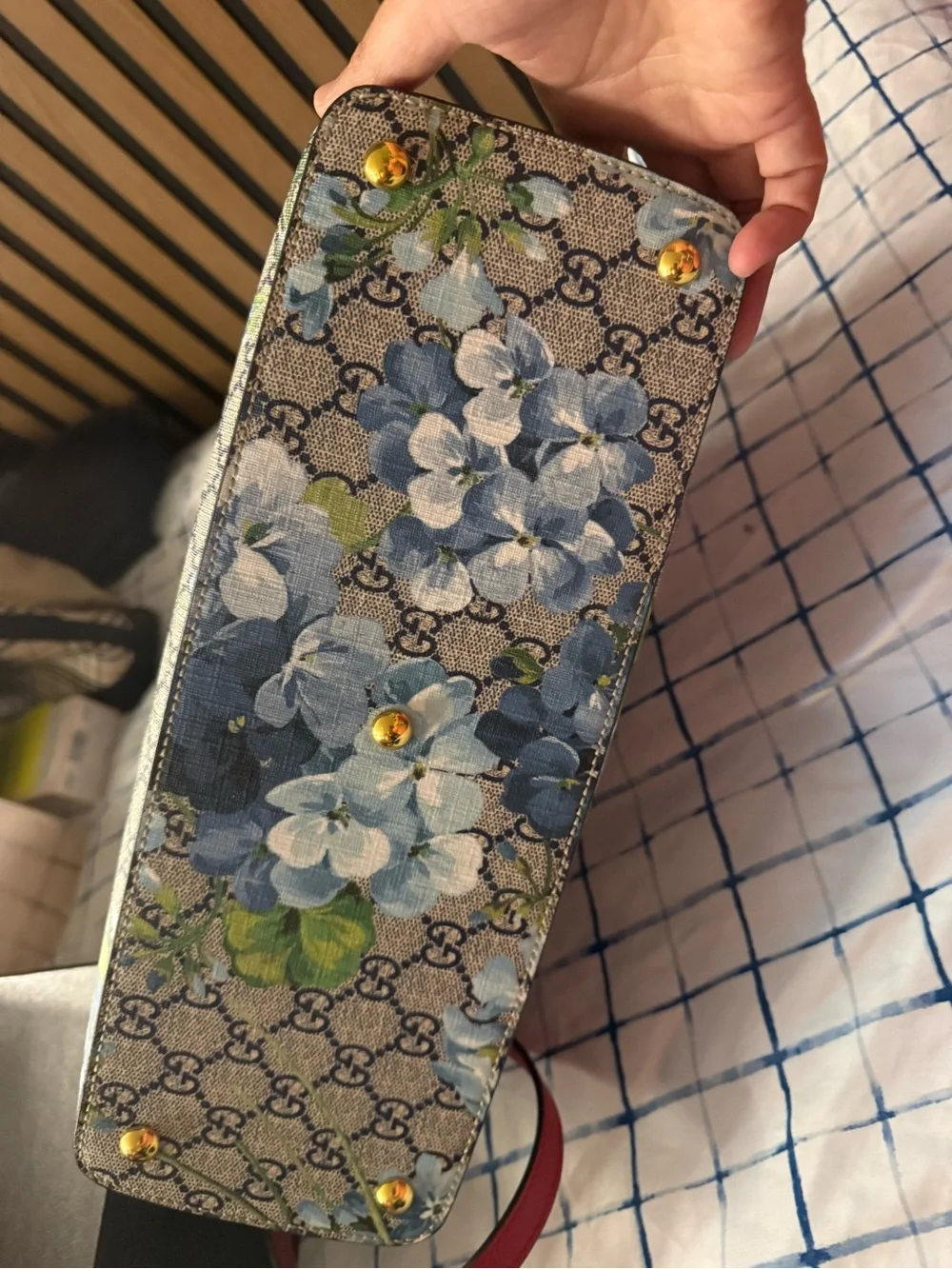 Gucci Floral GG Supreme Satchel with Red Leather Trim